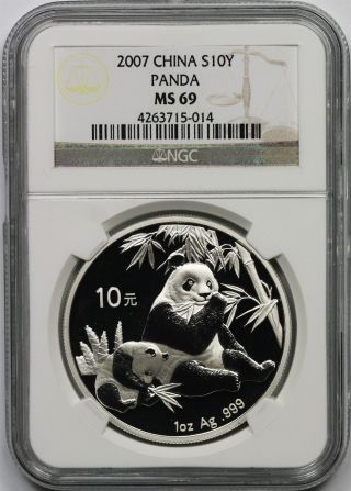 2007 China Panda Silver 10 Yuan 1oz Ngc Ms69 photo