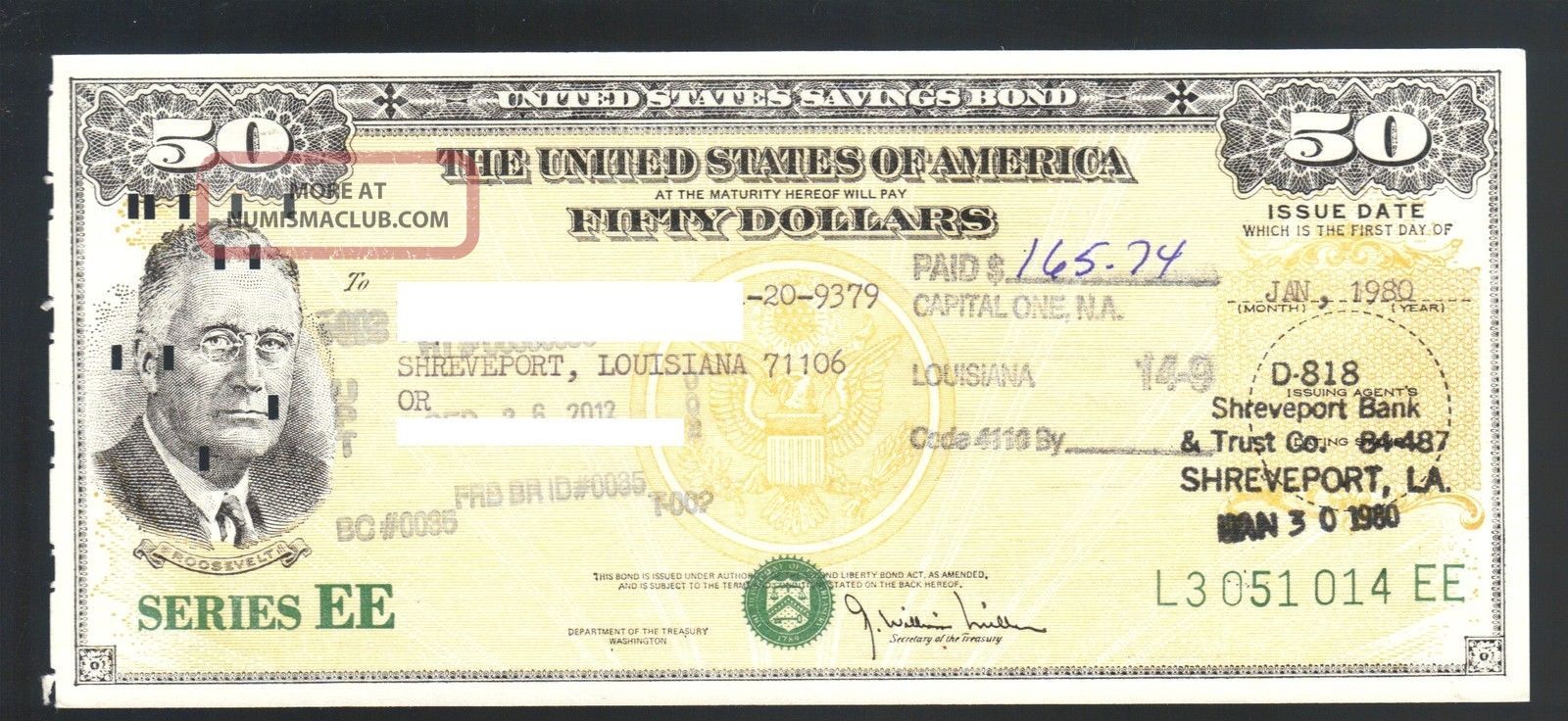 $50 Dollars United States Of America Savings Bond Series Ee 1980 Usa Roosevelt Stocks & Bonds, Scripophily photo