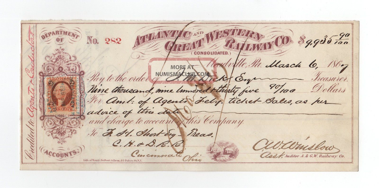 1867 Atlantic And Great Western Railway Company Check Transportation photo