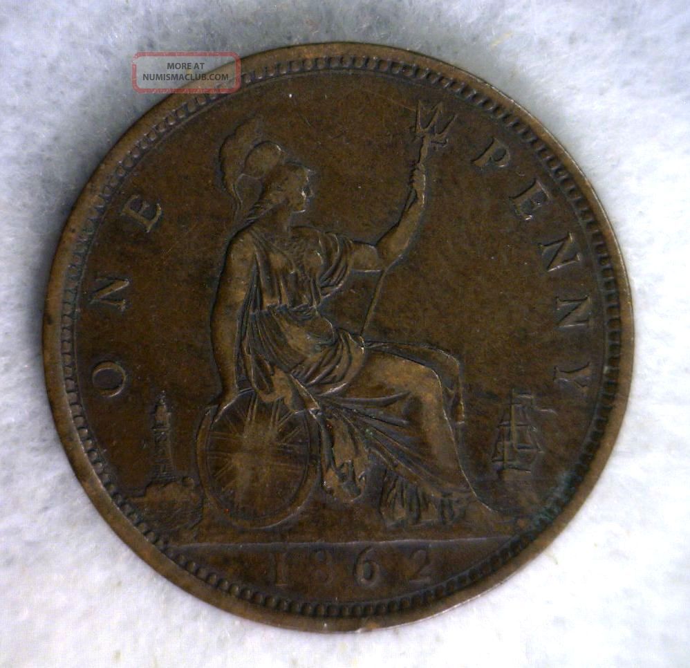 Great Britain Penny 1862 Very Fine British (stock 0256)