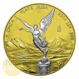 2015 1oz Onza Mexican 999 Fine Silver Libertad Inverse 24k Gold Gilded Rare photo