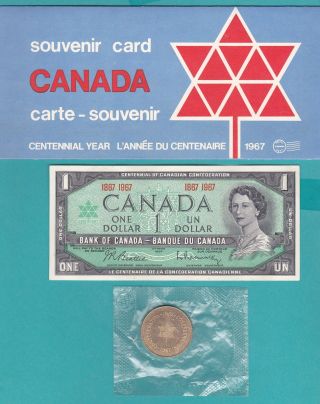 The Canada One Dollar Banknote 1967.  Date & Token 1967 & Stamps Card 2. photo