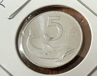 1954 R Italy 5 Lira Aluminum Circulated Coin Almost Uncirculated Whale photo