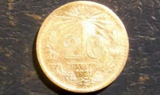 . 800 Silver 1921 Mexico 20 Centavos Cap & Rays Circ Better Date Coin 858 photo