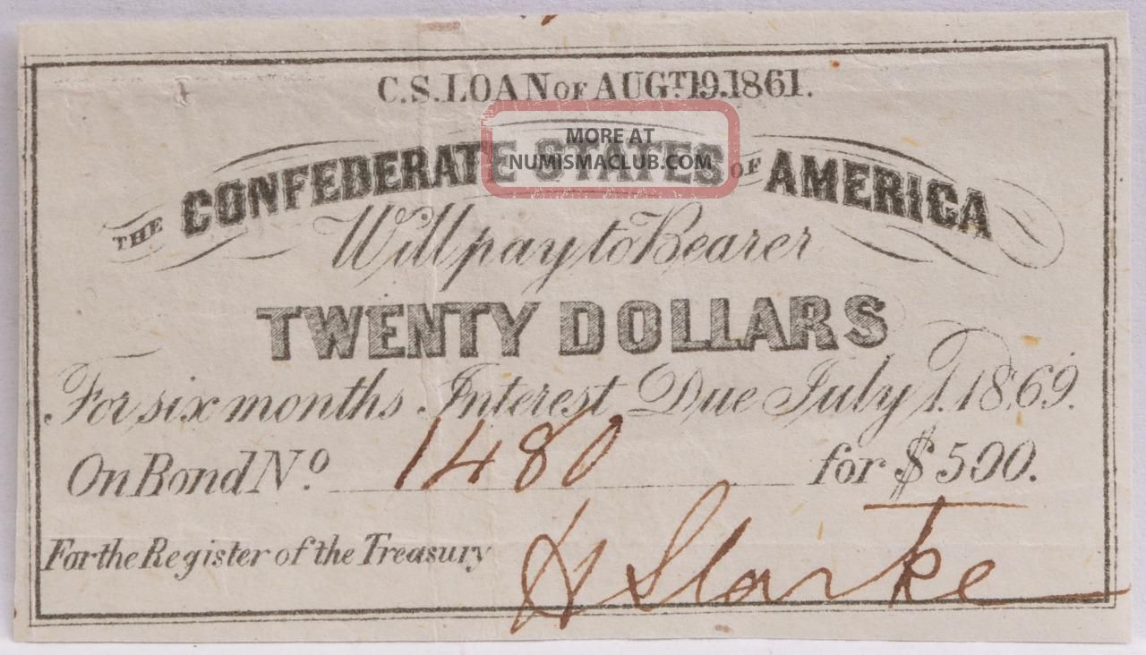 Civil War Confederate $500 Bond C.  S.  Loan 1861 $20 Coupon Richmond Va 1480 Stocks & Bonds, Scripophily photo