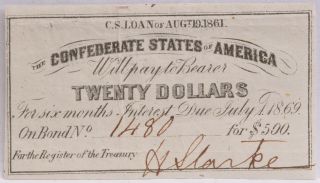 Civil War Confederate $500 Bond C.  S.  Loan 1861 $20 Coupon Richmond Va 1480 photo