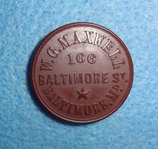 1860 ' S Hard Rubber Merchant Token - - W.  E.  Maxwell,  Baltimore,  Md.  Rubber Goods, photo