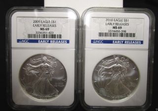2009 & 2010 Silver American Eagles - Ngc Ms 69 Uncirculated - Early Release photo