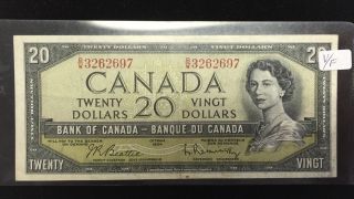 1954 $20 Bank Of Canada Banknote B/w Prefix Vf photo