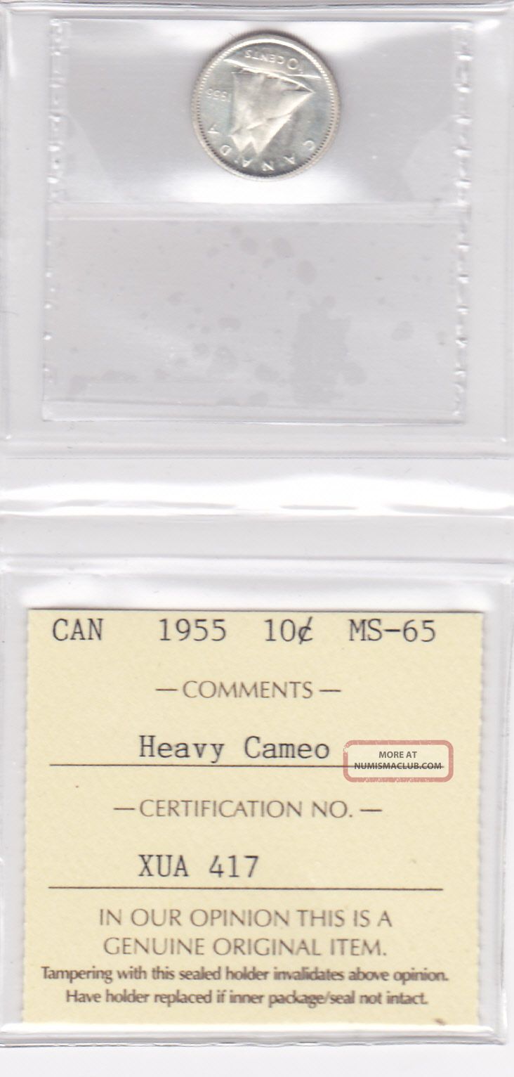 1955 10 Cent Iccs Graded Ms 65 Heavy Cameo Coins: Canada photo