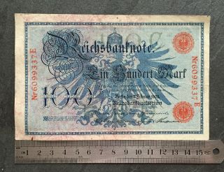 Germany 100 Mark 7 Februar,  1908 P 33.  A - 29mm Red Serial,  Vf photo