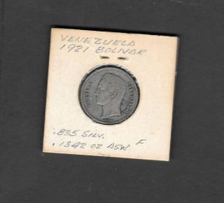 1921 Venezuela 1 Bolivar Silver.  5 Gram Coin - Lei 835 photo