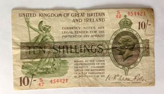 Great Britain & Ireland 10 Shilling Note 1922 Nd Issue King George V Green photo