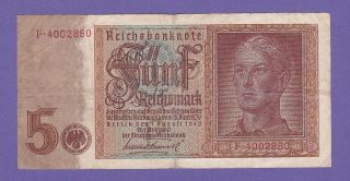 Nazi German Third Reich 5 Reichsmark 1942,  P - 186a,  Series: F. photo