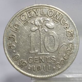 1911 Ceylon Sri Lanka 10 Cents Silver Coin Circulated photo