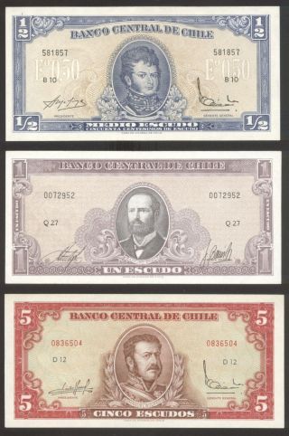 Chile,  3 Items,  1,  5 Escudos 1964,  1/2 Of 1962 - 1975,  P 136,  138,  134a A,  Unc photo