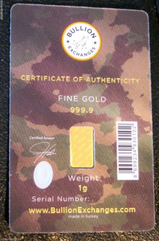 1 Gram Istanbul Refinery Gold Bar.  9999 Authenticated Numbered $0 Ship W/track photo