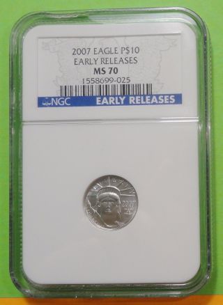 2007 $10 Platinum Eagle Coin Ngc Ms70 Early Release 1/10 Troy Oz 16.  5 Mm Diam ' photo