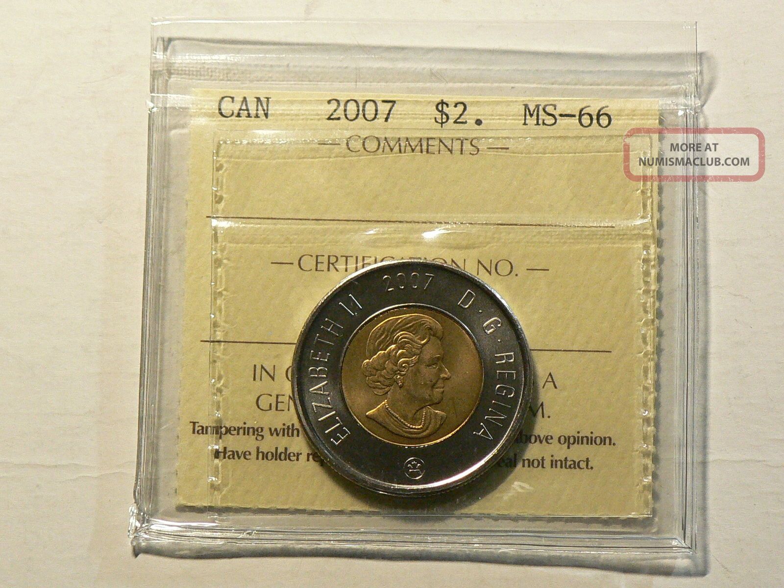 Canada,  2007 Two 2 Dollars,  Iccs Ms - 66 2647 Coins: Canada photo