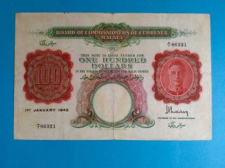 1942 Rare $100 A1 Note Straits Settlement Singapore Malaya Dollar Banknote photo
