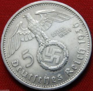 German Silver Coin 5 Rm 1936 A Nazi Coin.  900 Silver Big Swastika photo