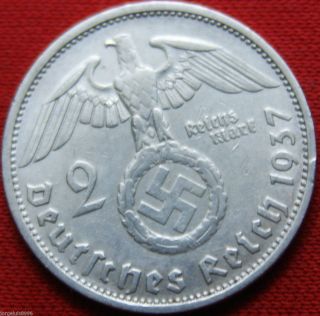 German Silver Coin 2 Rm 1937 F Nazi Coin.  625 Silver Ww Ii photo