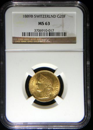 Switzerland 1889 Gold 20 Francs Ngc Ms - 63 Bright Sharp Beauty photo