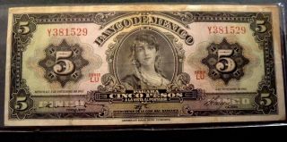 Vintage Designed 1961 Bank Of Mexico 5 Pesos Bank Note Banco De Mexico $5 Note photo