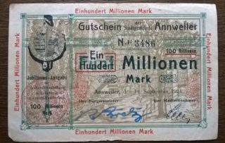 Germany Annweiler 100 Million Mark Overprint On 5 Million Mark 14.  9.  1923 Rr photo