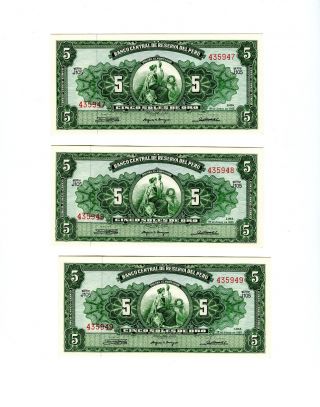 3 Cu Consecutive Sn 1966 Peru 5 Soles De Oro Banknote P 83 photo