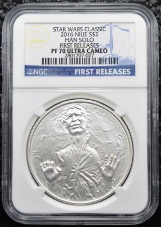 2016 Niue $2 Star Wars Han Solo Ngc Pf70 Ultra Cameo First Releases photo