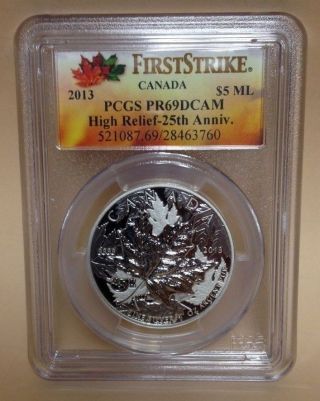 2013 Canada Pcgs Pr69 Dcam High Relief 1oz Silver Maple Leaf 25th Anniversary Fs photo