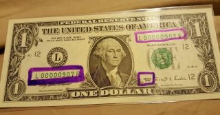 $1 Dollar Bill - Series 1995 Fancy - Low Serial Number 00000907.  Crisp Unc photo