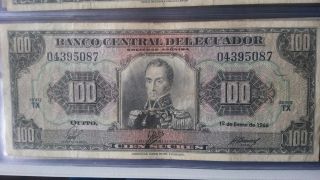 Ecuador Circulated 100 Sucres Note Bill 1 Enero 1966 Tx photo