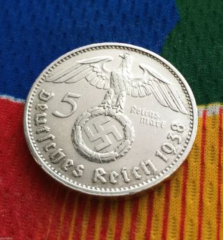 5 Mark German Silver Coin Ww2 1938 G Third Reich Swastika Reichsmark photo