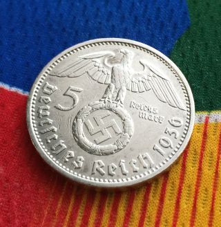 5 Mark German Silver Coin Ww2 1936 D Third Reich Swastika Reichsmark photo