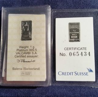 Credit Suisse 1 Gram.  9995 Platinum Bullion Bar Valcambi Statue Of Liberty photo