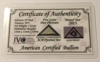 (acb) 5 Grains Solid Platinum Bullion Minted Bar 99.  9 Pure Pt With photo