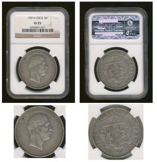 Greece.  5 Drachmai 1901 Ngc Vf - 25,  Crete State Rrr Silver Coin,  Prince George A ' photo