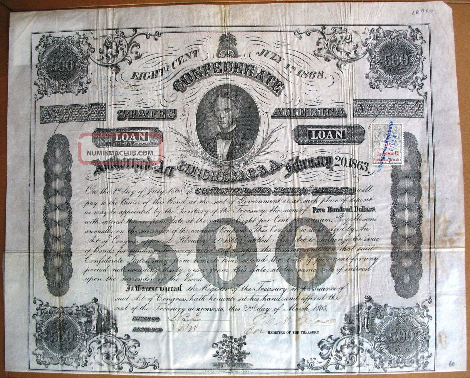 Confederate States Of America Loan Richmond Virginia 1863 Civil War Usa Cr 124 Stocks & Bonds, Scripophily photo