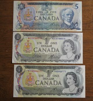 1979 $5 And 1973 $1 & $1 Bank Of Canada - Three (3) Bills photo