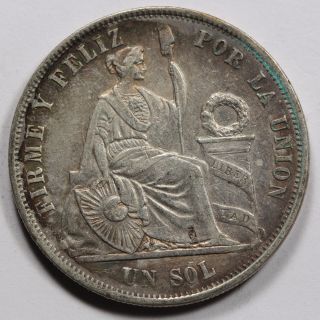 Peru 1868 Lima Yb 1 Sol Silver Coin Xf,  Km 196.  3 Crown Size Nicely Toned photo