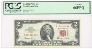 1963 A Legal Tender Note,  Red Seal,  $2 Two Dollars Pcgs 66 Ppq Gem Fr : 1514 photo