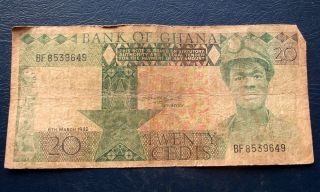 1982 Bank Of Ghana 20 Cedis Banknote Circulated Pick 21 Miner Issue M220 photo