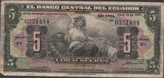 Ecuador 5 Sucres 4.  18.  1941 P 91a Series Fc Circulated Banknote photo