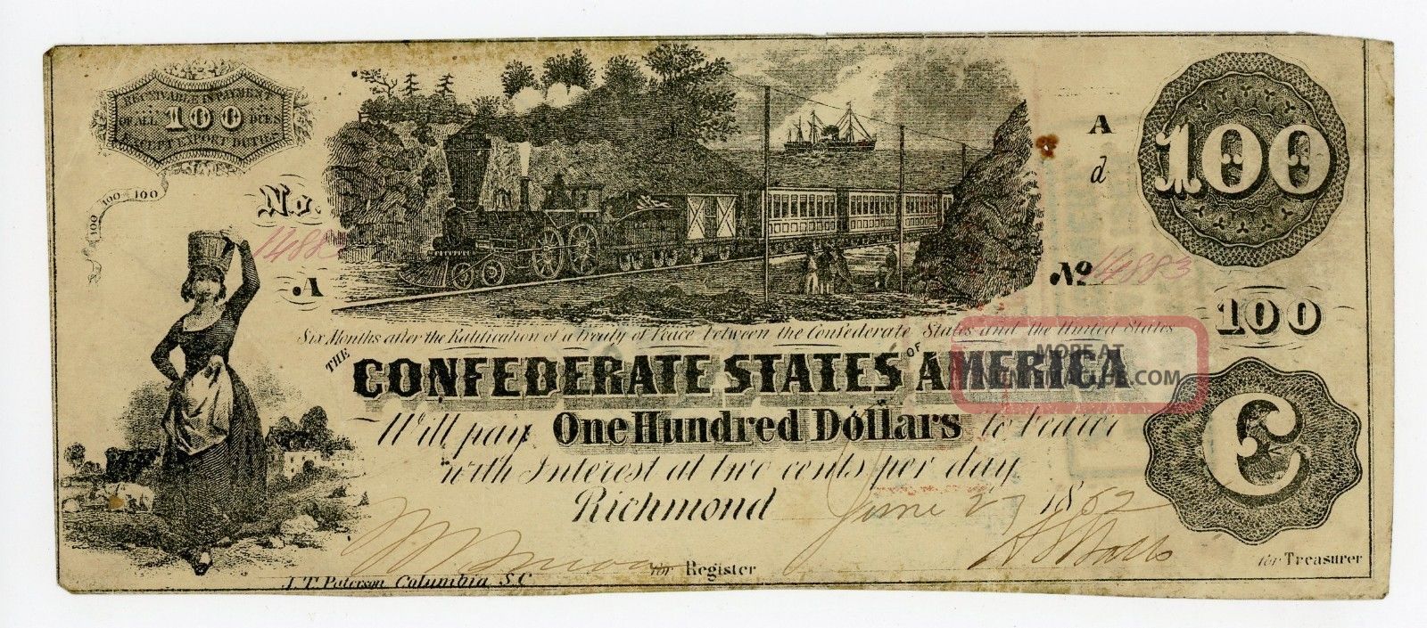 1862 T - 39 $100 The Confederate States Of America Note - Civil War Era W/ Train Paper Money: US photo