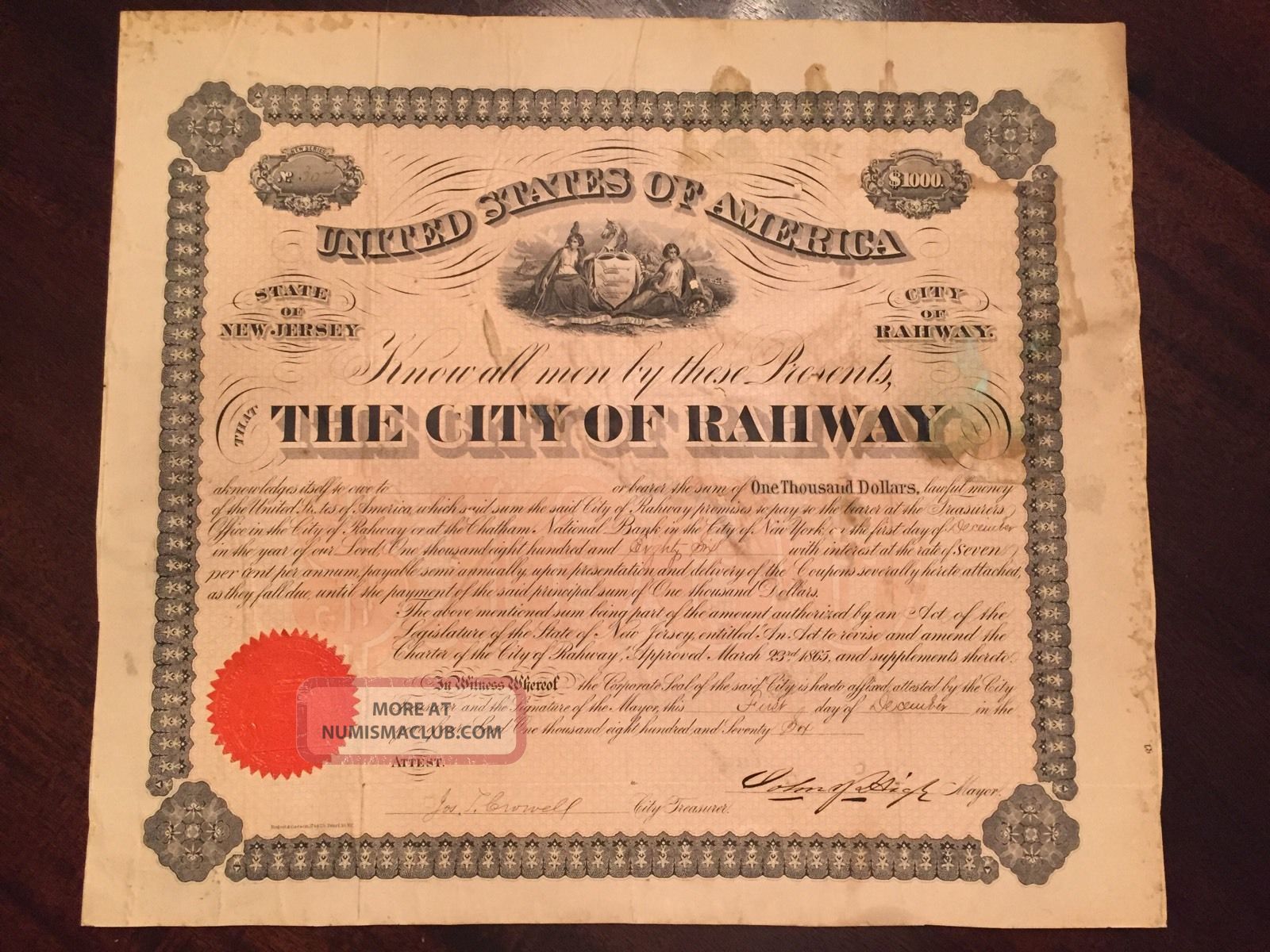 Rare 1876 Civil War/reconstruction Era City Bond - Jersey - $1000 - Signed Stocks & Bonds, Scripophily photo