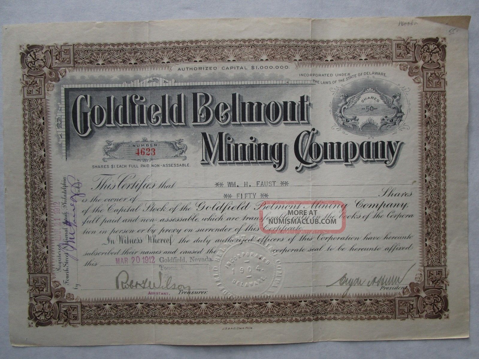 Goldfield Belmont Mining Company 1904 Delaware Corporation Mines In Nevada Stocks & Bonds, Scripophily photo