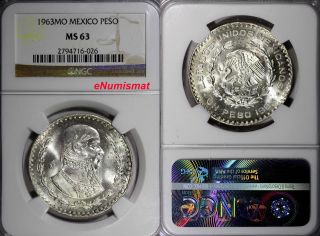 Mexico Silver 1963 Mo 1 Peso Ngc Ms63 Km 459 photo