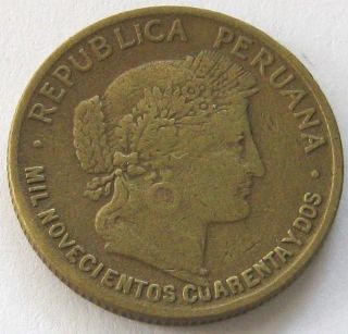Peru 10 Centavos 1942 With Letters,  Km 214a.  1,  Scarce photo